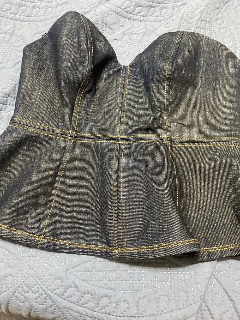 Zara Dark Blue Denim Bustier Top with Yellow Stitching